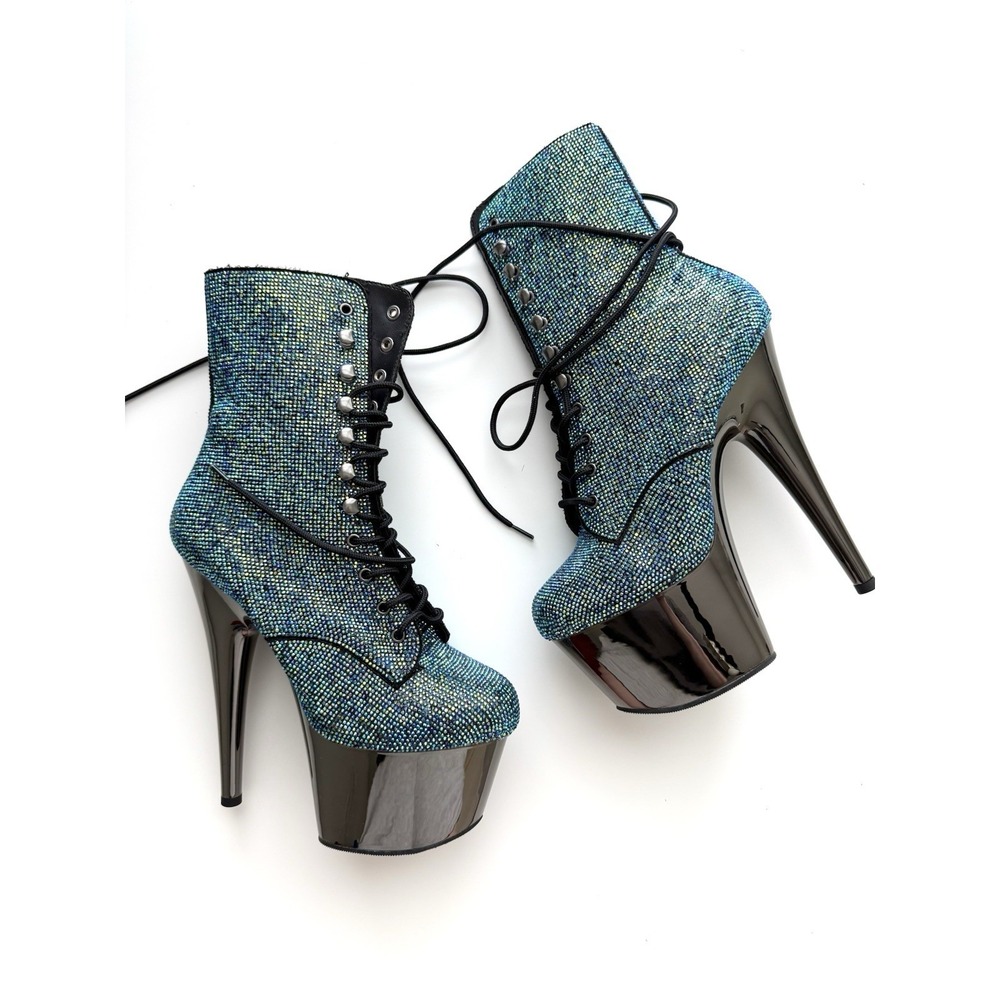 PLEASER Sexy‎ 7" Heel Chrome Platform Turquoise Rhinestones Covered Ankle Boots